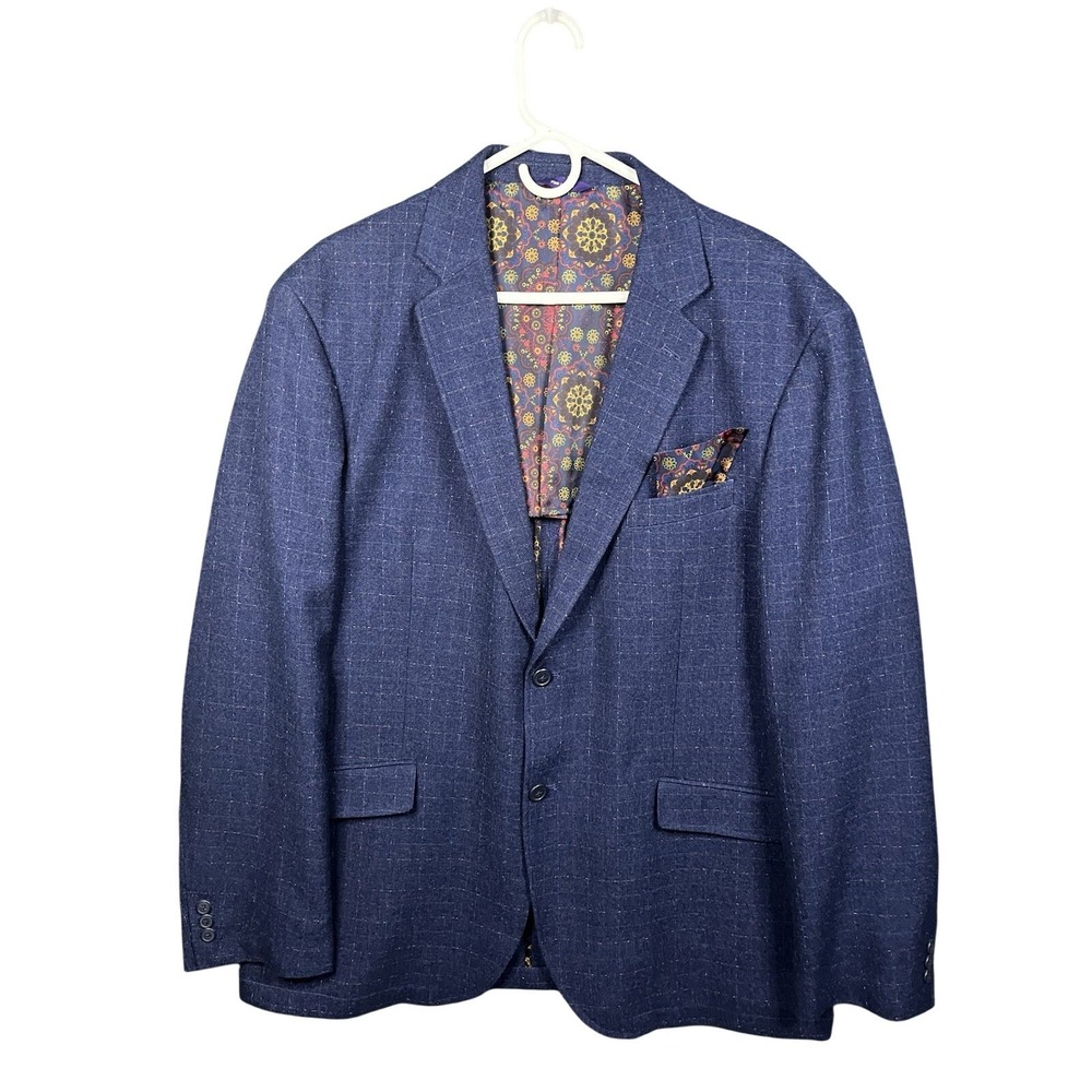 Alan Flusser Men's Blazer Navy Blue Check Print Sports Coat XXL